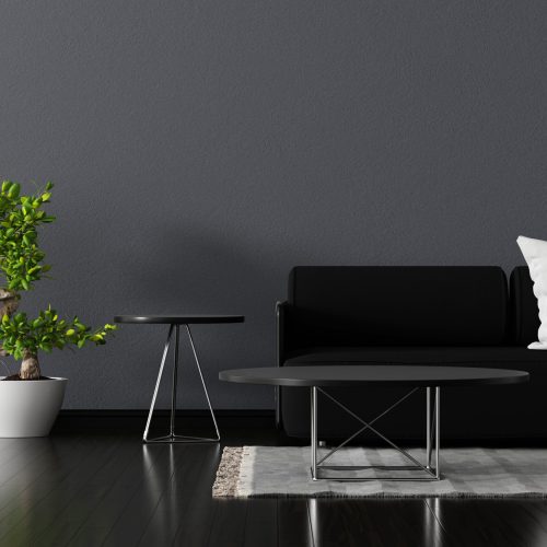 Black sofa in living room interior with blank table for mock up,3D rendering